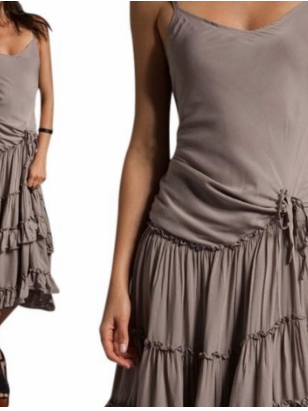 Free People vintage Taupe Ruffle Midi Dress with Drawstring Waist. + A GIFT 🎁